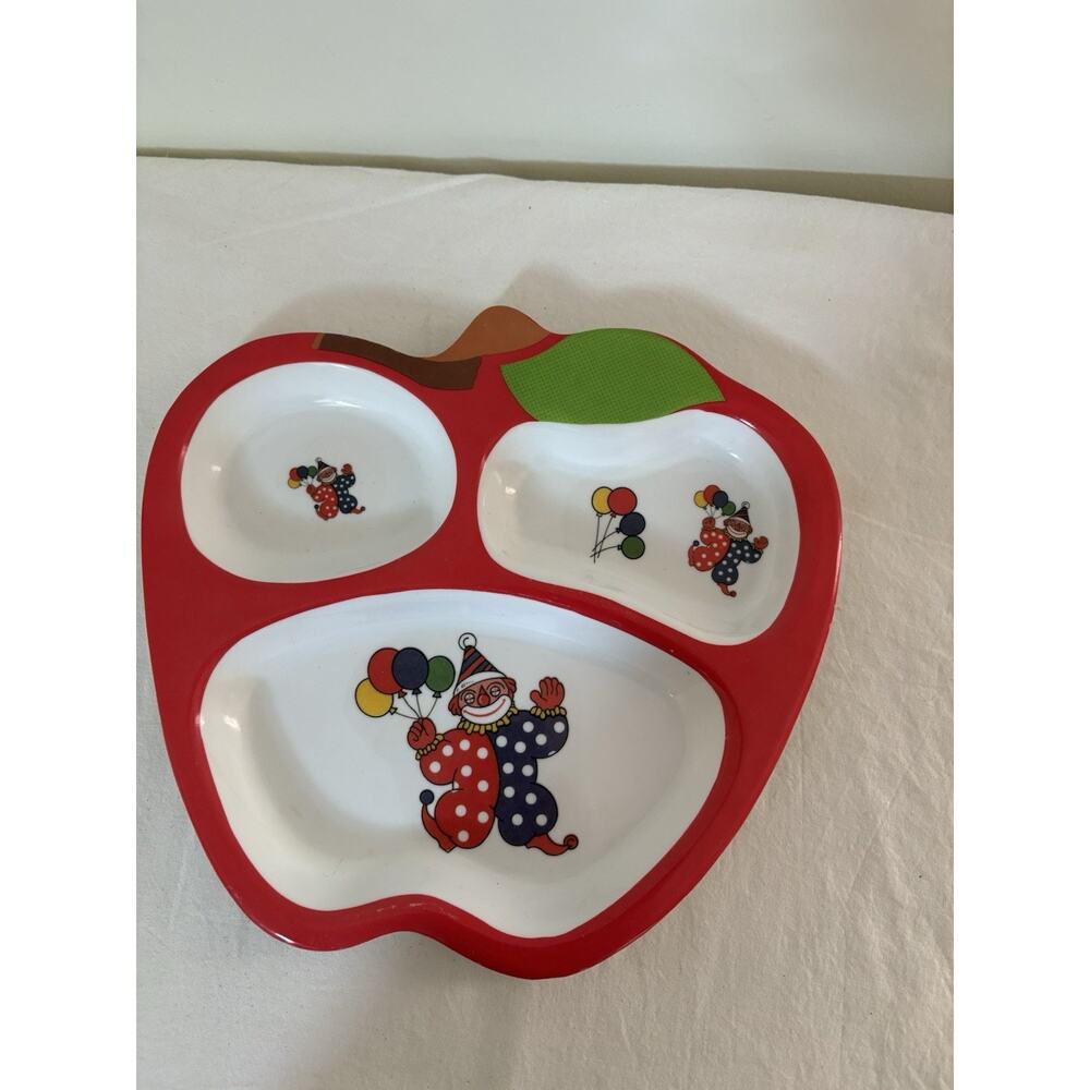 Vintage Melamine Child Divided Plate Clown Balloon US Healthcare Apple Shape